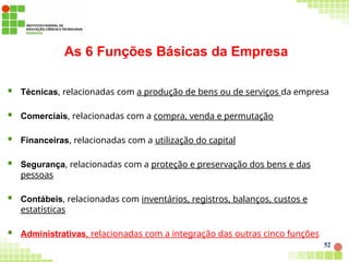 As 6 Funções Básicas da Empresa
52
 Técnicas, relacionadas com a produção de bens ou de serviços da empresa
 Comerciais, relacionadas com a compra, venda e permutação
 Financeiras, relacionadas com a utilização do capital
 Segurança, relacionadas com a proteção e preservação dos bens e das
pessoas
 Contábeis, relacionadas com inventários, registros, balanços, custos e
estatísticas
 Administrativas, relacionadas com a integração das outras cinco funções
 