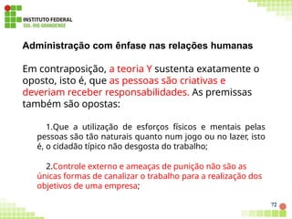 Administração com ênfase nas relações humanas
72
Em contraposição, a teoria Y sustenta exatamente o
oposto, isto é, que as pessoas são criativas e
deveriam receber responsabilidades. As premissas
também são opostas:
1.Que a utilização de esforços físicos e mentais pelas
pessoas são tão naturais quanto num jogo ou no lazer, isto
é, o cidadão típico não desgosta do trabalho;
2.Controle externo e ameaças de punição não são as
únicas formas de canalizar o trabalho para a realização dos
objetivos de uma empresa;
 