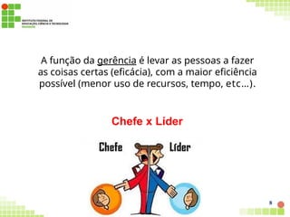 A função da gerência é levar as pessoas a fazer
as coisas certas (eficácia), com a maior eficiência
possível (menor uso de recursos, tempo, etc…).
Chefe x Líder
8
 