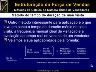Estruturação da Força de Vendas
        Métodos de Cálculo do Número Ótimo de Vendedores

      Método do tempo de duração de uma visita

 Outro método interessante para aplicação é o que
leva em conta o tempo de duração médio de cada
visita, a freqüência mensal ideal de visitação e a
avaliação do tempo real de vendas de um vendedor.
 Vejamos a sua aplicabilidade pela fórmula:

                                      No. de                  Freqüência         Tempo de
                  No. de
                                  +   Clientes         x      Mensal ideal   x   duração de
                  Clientes atuais
                                      potenciais              de visitação       uma visita

 No. de       =
 Vendedores
                             Avaliação do tempo real de venda de um vendedor

                                                                                              
                               Gestão Estratégica de Vendas
 