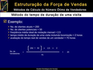 Estruturação da Força de Vendas
       Métodos de Cálculo do Número Ótimo de Vendedores

     Método do tempo de duração de uma visita

 Exemplo:
   No. de clientes atuais = 250
   No. de clientes potenciais = 50
   freqüência média ideal de visitação mensal = 2,5
   tempo médio de duração de uma visita incluindo locomoção = 2 horas
   avaliação do tempo real de vendas de um vendedor = 75 horas



                      250 + 50         x   2,5   x    2
   No. de       =                                          =   20
   Vendedores
                                  75




                            Gestão Estratégica de Vendas
 