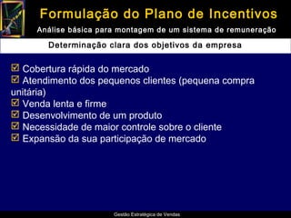 Formulação do Plano de Incentivos
     Análise básica para montagem de um sistema de remuneração

       Determinação clara dos objetivos da empresa

 Cobertura rápida do mercado
 Atendimento dos pequenos clientes (pequena compra
unitária)
 Venda lenta e firme
 Desenvolvimento de um produto
 Necessidade de maior controle sobre o cliente
 Expansão da sua participação de mercado




                       Gestão Estratégica de Vendas
 
