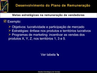 Desenvolvimento do Plano de Remuneração

     Metas estratégicas na remuneração de vendedores

 Exemplo:
   Objetivos: lucratividade e participação de mercado
   Estratégias: ênfase nos produtos e territórios lucrativos
   Programas de marketing: incentivar as vendas dos
  produtos X, Y, Z, nos territórios 1, 3 e 5.



                          Ver tabela 




                       Gestão Estratégica de Vendas
 