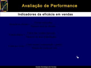 Avaliação de Performance

         Indicadores da eficácia em vendas

                           Visitas realizadas
Atenção ao cliente =
                         Número total de clientes

                      Valor das vendas mensais
Venda diária =
                     Número de dias trabalhados

                     Custo mensal ( remuneração + gastos )
Custo por visita =
                          Número de visitas por mês


                                                             


                              Gestão Estratégica de Vendas
 