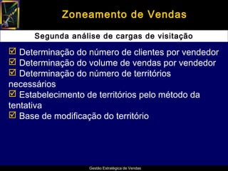 Zoneamento de Vendas

      Segunda análise de cargas de visitação

 Determinação do número de clientes por vendedor
 Determinação do volume de vendas por vendedor
 Determinação do número de territórios
necessários
 Estabelecimento de territórios pelo método da
tentativa
 Base de modificação do território




                   Gestão Estratégica de Vendas
 