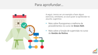 Para aprofundar...
A seguir, iremos ver um exemplo e fazer alguns
exercícios, entretanto, se você quiser se aprofundar no
assunto, sugerimos:
▪ Mais sobre fluxogramas e melhoria de
procedimentos no curso de Green Belt;
▪ Mais sobre a função de supervisão no curso
de Gestão da Rotina.
 
