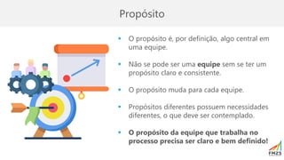 Propósito
▪ O propósito é, por definição, algo central em
uma equipe.
▪ Não se pode ser uma equipe sem se ter um
propósito claro e consistente.
▪ O propósito muda para cada equipe.
▪ Propósitos diferentes possuem necessidades
diferentes, o que deve ser contemplado.
▪ O propósito da equipe que trabalha no
processo precisa ser claro e bem definido!
 