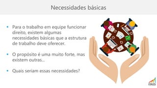 Necessidades básicas
▪ Para o trabalho em equipe funcionar
direito, existem algumas
necessidades básicas que a estrutura
de trabalho deve oferecer.
▪ O propósito é uma muito forte, mas
existem outras...
▪ Quais seriam essas necessidades?
 