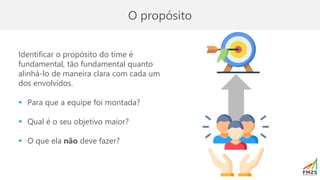 O propósito
Identificar o propósito do time é
fundamental, tão fundamental quanto
alinhá-lo de maneira clara com cada um
dos envolvidos.
▪ Para que a equipe foi montada?
▪ Qual é o seu objetivo maior?
▪ O que ela não deve fazer?
 