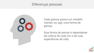 Cada pessoa possui um modelo
mental, ou seja, uma forma de
pensar.
Essa forma de pensar é dependente
da cultura de cada um e de suas
experiências de vida.
Diferenças pessoais
 