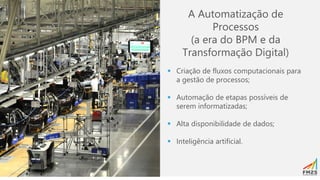 A Automatização de
Processos
(a era do BPM e da
Transformação Digital)
▪ Criação de fluxos computacionais para
a gestão de processos;
▪ Automação de etapas possíveis de
serem informatizadas;
▪ Alta disponibilidade de dados;
▪ Inteligência artificial.
 