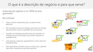 O que é a descrição de negócio e para que serve?
A descrição de negócios é um “SIPOC da área
gerenciável”;
Ela é útil para:
▪ Listar os pontos importantes que um gerente deve
gerenciar;
▪ Dar consciência do que se entrega e para quem se entrega
(para entender o que é a qualidade de seu processo);
▪ Entender os indicadores de saída (itens de controle) e as
entradas (itens de verificação), que podem impactar na
qualidade final;
▪ Listar pessoas, máquinas, equipamentos e outros ativos da
área gerenciada.
▪ Ela é geralmente a primeira coisa a se fazer, pois o gerente
deve estar consciente do que deve gerenciar.
 
