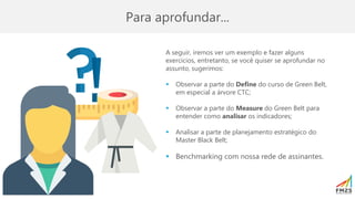Para aprofundar...
A seguir, iremos ver um exemplo e fazer alguns
exercícios, entretanto, se você quiser se aprofundar no
assunto, sugerimos:
▪ Observar a parte do Define do curso de Green Belt,
em especial a árvore CTC;
▪ Observar a parte do Measure do Green Belt para
entender como analisar os indicadores;
▪ Analisar a parte de planejamento estratégico do
Master Black Belt;
▪ Benchmarking com nossa rede de assinantes.
 