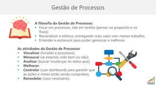 Gestão de Processos
A filosofia da Gestão de Processos:
▪ Focar em processos, não em tarefas (pensar no propósito e no
fluxo);
▪ Racionalizar o esforço, entregando mais valor com menos trabalho;
▪ Entender e esclarecer para poder gerenciar e melhorar.
As atividades da Gestão de Processos
▪ Visualizar (funções e processos);
▪ Mensurar (se estamos indo bem ou não);
▪ Analisar (buscar mudanças no status quo);
▪ Melhorar;
▪ Controlar (usar dashboards para garantir que
as ações e metas estão sendo cumpridas);
▪ Remodelar (caso necessário).
 