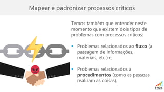 Mapear e padronizar processos críticos
Temos também que entender neste
momento que existem dois tipos de
problemas com processos críticos:
▪ Problemas relacionados ao fluxo (a
passagem de informações,
materiais, etc.) e;
▪ Problemas relacionados a
procedimentos (como as pessoas
realizam as coisas).
 
