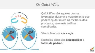 Os Quick Wins
Quick Wins são aqueles pontos
levantados durante o mapeamento que
podem ajudar muito na melhoria dos
processos, sem mais análises
complicadas.
São os famosos ver e agir.
Exemplos disso são desconexões e
faltas de padrão.
 