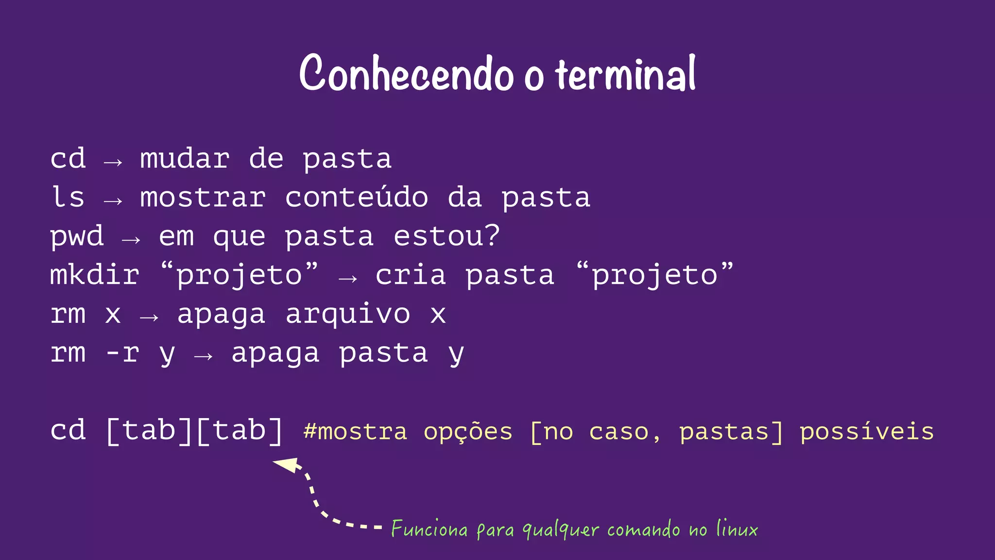 Conhecendo o terminal 
cd → mudar de pasta 
ls → mostrar conteúdo da pasta 
pwd → em que pasta estou? 
mkdir “projeto” → cria pasta “projeto” 
rm x → apaga arquivo x 
rm -r y → apaga pasta y 
cd [tab][tab] #mostra opções [no caso, pastas] possíveis 
Funciona para qualquer comando no linux 
 