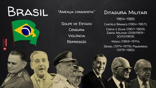 Brasil “Ameaça comunista”
Golpe de Estado
Censura
Violência
Repressão
Ditadura Militar
1964-1985
Castelo Branco (1964-1967);
Costa e Silva (1967-1969);
Junta Militar (31/8/1969-
30/10/1969);
Médici (1969-1974);
Geisel (1974-1979); Figueiredo
(1979-1985)
 