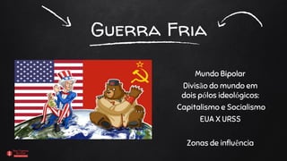 Guerra Fria
Mundo Bipolar
Divisão do mundo em
dois pólos ideológicos:
Capitalismo e Socialismo
EUA X URSS
Zonas de influência
 