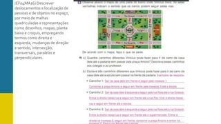 (EF04MA16) Descrever
deslocamentos e localização de
pessoas e de objetos no espaço,
por meio de malhas
quadriculadas e representações
como desenhos, mapas, planta
baixa e croquis, empregando
termos como direita e
esquerda, mudanças de direção
e sentido, intersecção,
transversais, paralelas e
perpendiculares.
 