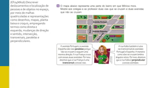 (EF04MA16) Descrever
deslocamentos e localização de
pessoas e de objetos no espaço,
por meio de malhas
quadriculadas e representações
como desenhos, mapas, planta
baixa e croquis, empregando
termos como direita e
esquerda, mudanças de direção
e sentido, intersecção,
transversais, paralelas e
perpendiculares.
 