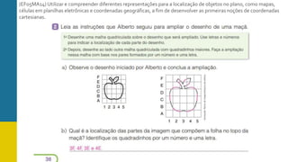 (EF05MA14) Utilizar e compreender diferentes representações para a localização de objetos no plano, como mapas,
células em planilhas eletrônicas e coordenadas geográficas, a fim de desenvolver as primeiras noções de coordenadas
cartesianas.
 