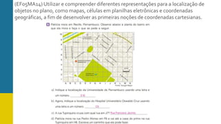 (EF05MA14) Utilizar e compreender diferentes representações para a localização de
objetos no plano, como mapas, células em planilhas eletrônicas e coordenadas
geográficas, a fim de desenvolver as primeiras noções de coordenadas cartesianas.
 