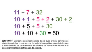 (EF01MA07) Compor e decompor número de até duas ordens, por meio de
diferentes adições, com o suporte de material manipulável, contribuindo para
a compreensão de características do sistema de numeração decimal e o
desenvolvimento de estratégias de cálculo.
11 + 7 + 32
10 + 1 + 5 + 2 + 30 + 2
10 + 5 + 5 + 30
10 + 10 + 30 = 50
 