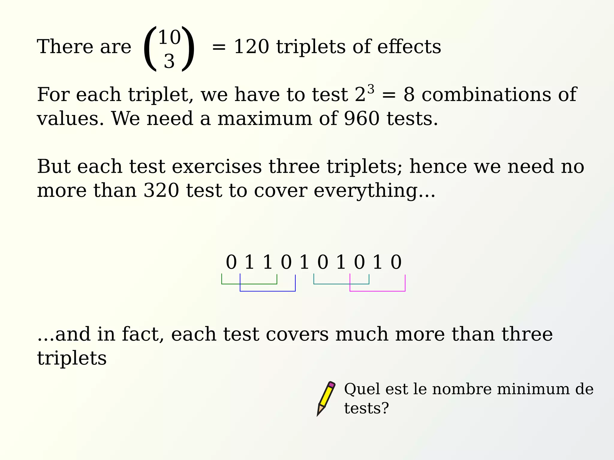 There are = 120 triplets of eﬀects
For each triplet, we have to test 23
= 8 combinations of
values. We need a maximum of 960 tests.
But each test exercises three triplets; hence we need no
more than 320 test to cover everything...
0 1 1 0 1 0 1 0 1 0
...and in fact, each test covers much more than three
triplets
10
3( )
Quel est le nombre minimum de
tests?
 