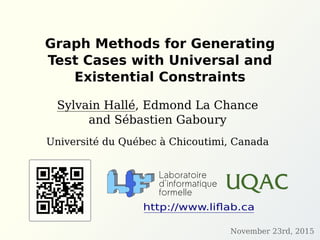 Graph Methods for Generating
Test Cases with Universal and
Existential Constraints
Sylvain Hallé, Edmond La Chance
and Sébastien Gaboury
Université du Québec à Chicoutimi, Canada
http://www.liﬂab.ca
November 23rd, 2015
 
