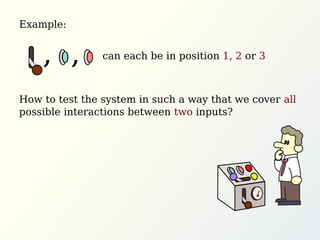 Example:
How to test the system in such a way that we cover all
possible interactions between two inputs?
can each be in position 1, 2 or 3, ,
 