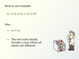 Back to our example:
Also...
The test suite should
include a case where all
inputs are diﬀerent
p2 = p3
D1 = D2 = D3 = {1,2,3}
 