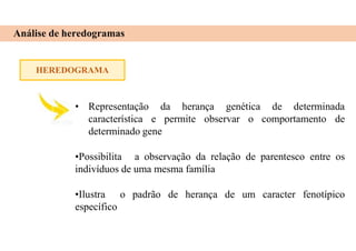 HEREDOGRAMA
Análise de heredogramas
• da herança genética
Representação
característica e permite observar o
de determinada
comportamento de
determinado gene
•Possibilita a observação da relação de parentesco entre os
indivíduos de uma mesma família
•Ilustra o padrão de herança de um caracter fenotípico
específico
 