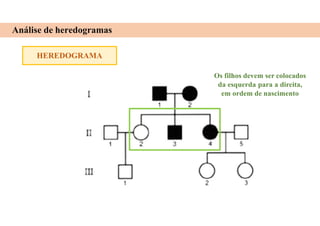 HEREDOGRAMA
Análise de heredogramas
Os filhos devem ser colocados
da esquerda para a direita,
em ordem de nascimento
 