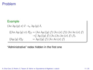 Problem



       Example
       (λx.λy.(y) x) I →a λy.(y) I,

          (|(λx.λy.(y) x) I|)f = (λx.λy.((y) f ) (λz.(x) f )) (λz λx.(x) f )
                               →∗ λy.((y) f ) (λz.(λz.λx.(x) f ) f ),
          (|λy.(y) I|)f        = λy.((y) f ) (λz.λx.(x) f )

       “Administrative” redex hidden in the ﬁrst one




A. Díaz-Caro, S. Perdrix, C. Tasson, B. Valiron • Equivalence of Algebraic λ-calculi   11 / 25
 