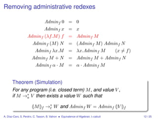 Removing administrative redexes

                                   Admin f 0 = 0
                                   Admin f x = x
                    Admin f (λf.M ) f                   = Admin f M
                        Admin f (M ) N                  = (Admin f M ) Admin f N
                           Admin f λx.M                 = λx.Admin f M                 (x = f )
                        Admin f M + N                   = Admin f M + Admin f N
                           Admin f α · M                = α · Admin f M


       Theorem (Simulation)
       For any program (i.e. closed term) M , and value V ,
       if M →∗ V then exists a value W such that
              a

                        (|M |)f →∗ W and Admin f W = Admin f (|V |)f
A. Díaz-Caro, S. Perdrix, C. Tasson, B. Valiron • Equivalence of Algebraic λ-calculi              12 / 25
 