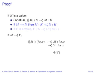 Proof

       If K is a value:
               For all M , ([|M |]) K →∗ M : K
                                       a
               If M → N then M : K →∗ N : K
                                    a
               If V is a value, V : K →∗ (K) Ψ(V )
                                       a

       If M →∗ V ,

                                    ([|M |]) (λx.x)             →∗ M : λx.x
                                                                 a
                                                                →∗ V : λx.x
                                                                 a


                                                                       Ψ(V )




A. Díaz-Caro, S. Perdrix, C. Tasson, B. Valiron • Equivalence of Algebraic λ-calculi   23 / 25
 