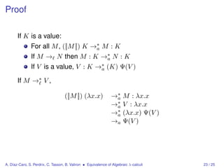Proof

       If K is a value:
               For all M , ([|M |]) K →∗ M : K
                                       a
               If M → N then M : K →∗ N : K
                                    a
               If V is a value, V : K →∗ (K) Ψ(V )
                                       a

       If M →∗ V ,

                                    ([|M |]) (λx.x)             →∗
                                                                 a     M : λx.x
                                                                →∗
                                                                 a     V : λx.x
                                                                →∗
                                                                 a     (λx.x) Ψ(V )
                                                                →a     Ψ(V )




A. Díaz-Caro, S. Perdrix, C. Tasson, B. Valiron • Equivalence of Algebraic λ-calculi   23 / 25
 