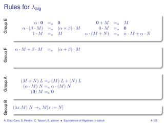 Rules for λalg
Group E



                      α · 0 =a              0                            0 + M =a      M
               α · (β · M ) =a              (α × β) · M                   0 · M =a     0
                     1 · M =a               M                      α · (M + N ) =a     α·M +α·N


           α·M +β·M                 =a      (α + β) · M
Group F
Group A




              (M + N ) L =a (M ) L + (N ) L
               (α · M ) N =a α · (M ) N
                    (0) M =a 0
Group B




          (λx.M ) N →a M [x := N ]

A. Díaz-Caro, S. Perdrix, C. Tasson, B. Valiron • Equivalence of Algebraic λ-calculi              4 / 25
 