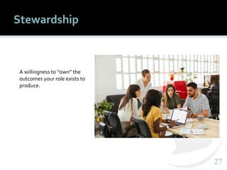 2727
Stewardship
A willingness to “own” the
outcomes your role exists to
produce.
 