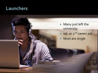 3939
Launchers
 Many just left the
university
 1st or 2nd career job
 Most are single
 