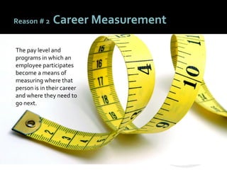 5151
Reason # 2 Career Measurement
The pay level and
programs in which an
employee participates
become a means of
measuring where that
person is in their career
and where they need to
go next.
 