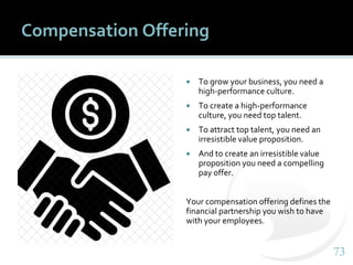 7373
Compensation Offering
 To grow your business, you need a
high-performance culture.
 To create a high-performance
culture, you need top talent.
 To attract top talent, you need an
irresistible value proposition.
 And to create an irresistible value
proposition you need a compelling
pay offer.
Your compensation offering defines the
financial partnership you wish to have
with your employees.
 