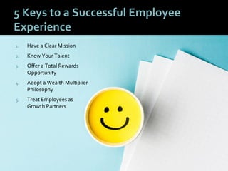 7474
5 Keys to a Successful Employee
Experience
1. Have a Clear Mission
2. Know Your Talent
3. Offer a Total Rewards
Opportunity
4. Adopt a Wealth Multiplier
Philosophy
5. Treat Employees as
Growth Partners
 