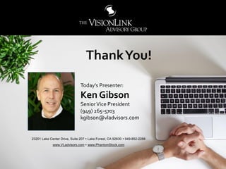 9292
Today’s Presenter:
Ken Gibson
SeniorVice President
(949) 265-5703
kgibson@vladvisors.com
23201 Lake Center Drive, Suite 207 ⬧ Lake Forest, CA 92630 ⬧ 949-852-2288
www.VLadvisors.com ⬧ www.PhantomStock.com
ThankYou!
 