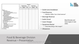 Food & Beverage Division
Revenue – Presentation
• Outlet wise breakdown
• Food Revenue
• Whether coffee / tea is food revenue?
• Beverage Revenue
• Audio Visual
• Cover Charges
• Equipment Rental
• Gross Recording or Net margin?
• Allowances
Copyright - Excel Finance Academy Follow our YouTube
Channel and Facebook Page linked in description to support
Meal Periods and
menu types in next
video
 