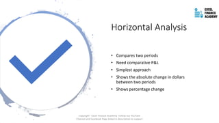 Horizontal Analysis
• Compares two periods
• Need comparative P&L
• Simplest approach
• Shows the absolute change in dollars
between two periods
• Shows percentage change
Copyright - Excel Finance Academy Follow our YouTube
Channel and Facebook Page linked in description to support
 