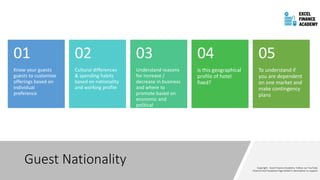 Guest Nationality
Know your guests
guests to customise
offerings based on
individual
preference
01
Cultural differences
& spending habits
based on nationality
and working profile
02
Understand reasons
for increase /
decrease in business
and where to
promote based on
economic and
political
circumstances
03
is this geographical
profile of hotel
fixed?
04
To understand if
you are dependent
on one market and
make contingency
plans
05
 