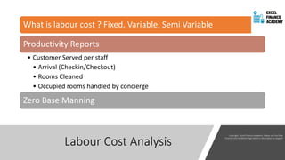 Labour Cost Analysis
What is labour cost ? Fixed, Variable, Semi Variable
Productivity Reports
• Customer Served per staff
• Arrival (Checkin/Checkout)
• Rooms Cleaned
• Occupied rooms handled by concierge
Zero Base Manning
 