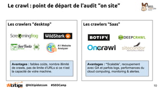 @htitipidotcom #SEOCamp
Les crawlers “desktop”
10
Le crawl : point de départ de l’audit “on site”
Les crawlers “Saas”
Avan...